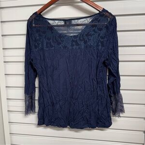 ECI Blue Ruched Blouse with 3/4 Sleeves